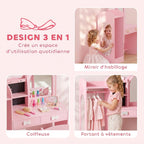 Coiffeuse pour Enfants avec Tabouret et Miroir Lumineux, Rose