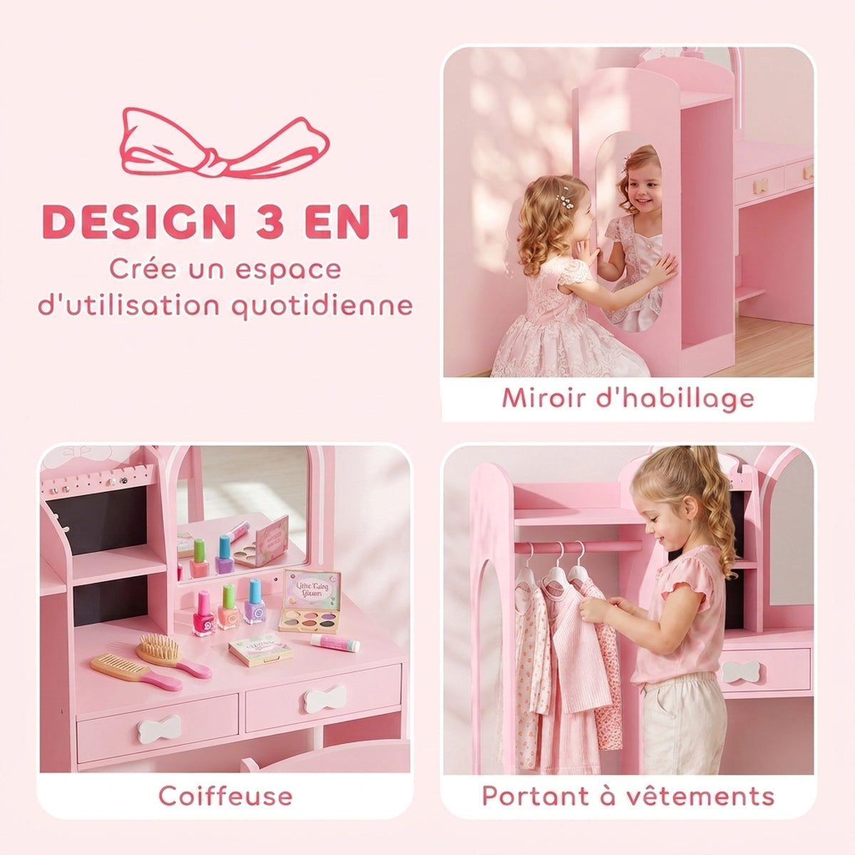 Coiffeuse pour Enfants avec Tabouret et Miroir Lumineux, Rose