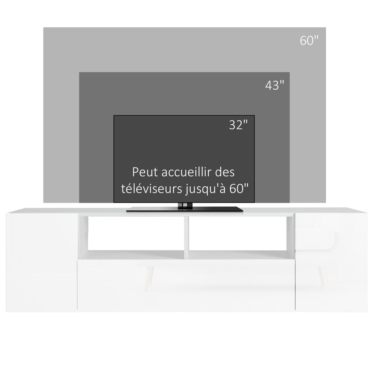 Meuble TV, jusqu'à 60 pouces, avec lumières LED, 2 étagères et placards, 137 x 35 x 42 cm, blanc