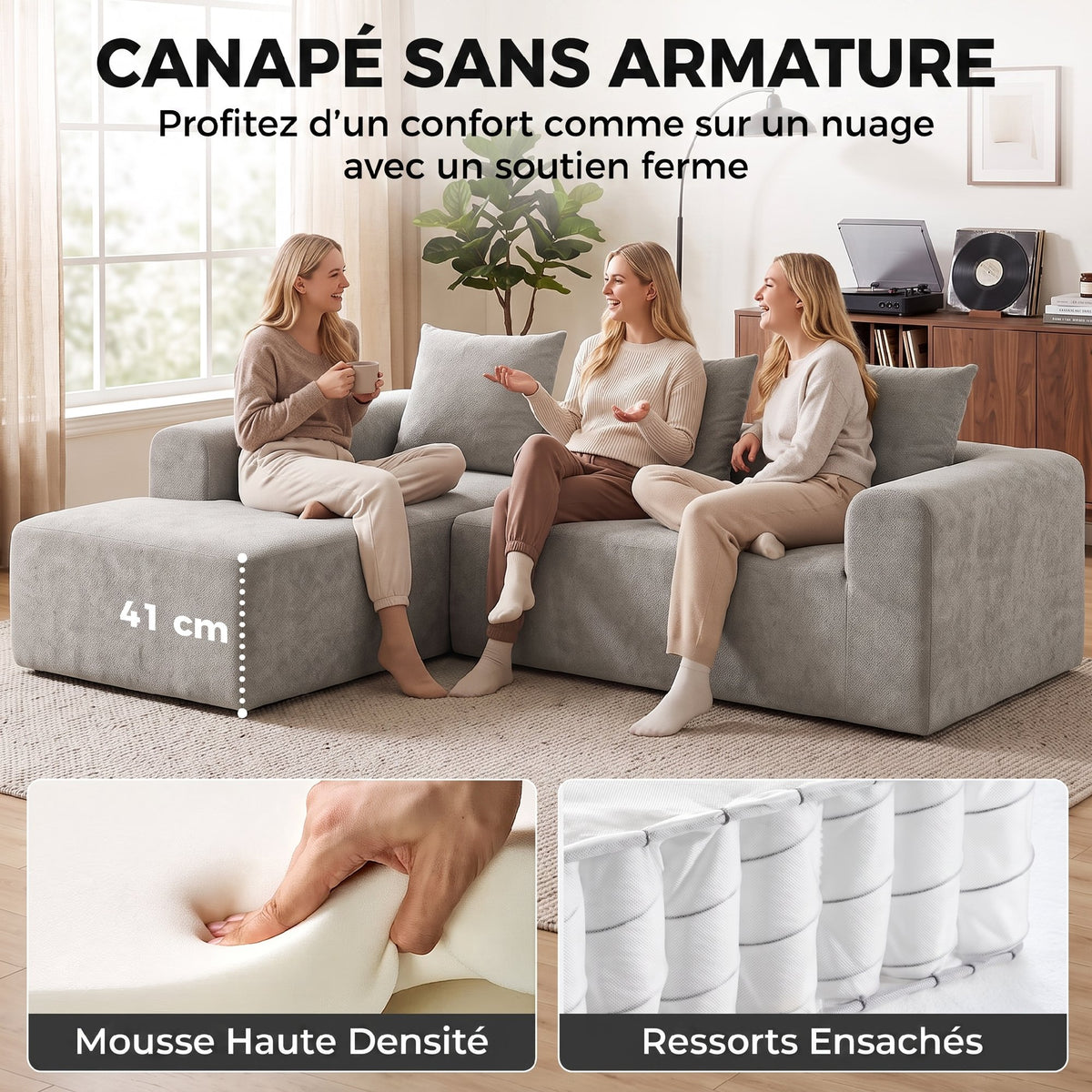 Canapé d'Angle, Canapé 3 Places en L 242 cm, Gris Clair
