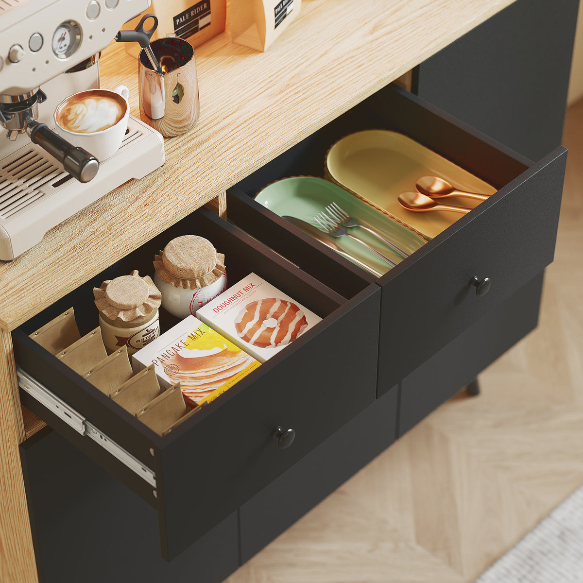 Buffet cuisine haut avec lumière LED, 6 portes 2 tiroirs 100x40x176cm noir