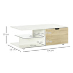Table basse rectangulaire, 2 tiroirs 2 niches étagère verre trempé, chêne clair