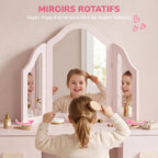 Coiffeuse pour Enfants avec Tabouret, Miroir à Trois Volets en Acrylique, 2 Tiroirs et 2 Placards, Rose