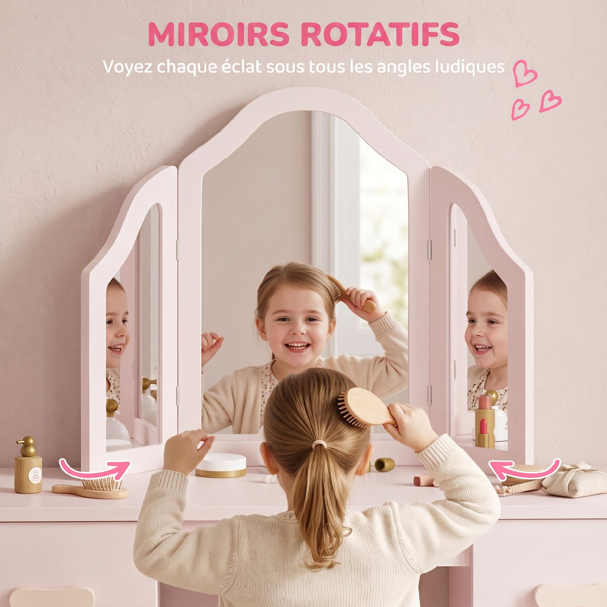 Coiffeuse pour Enfants avec Tabouret, Miroir à Trois Volets en Acrylique, 2 Tiroirs et 2 Placards, Rose