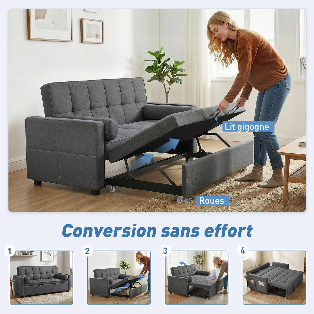 Canapé convertible 2 places, canapé-lit, 2 coussins 80,5x137,5x84cm gris