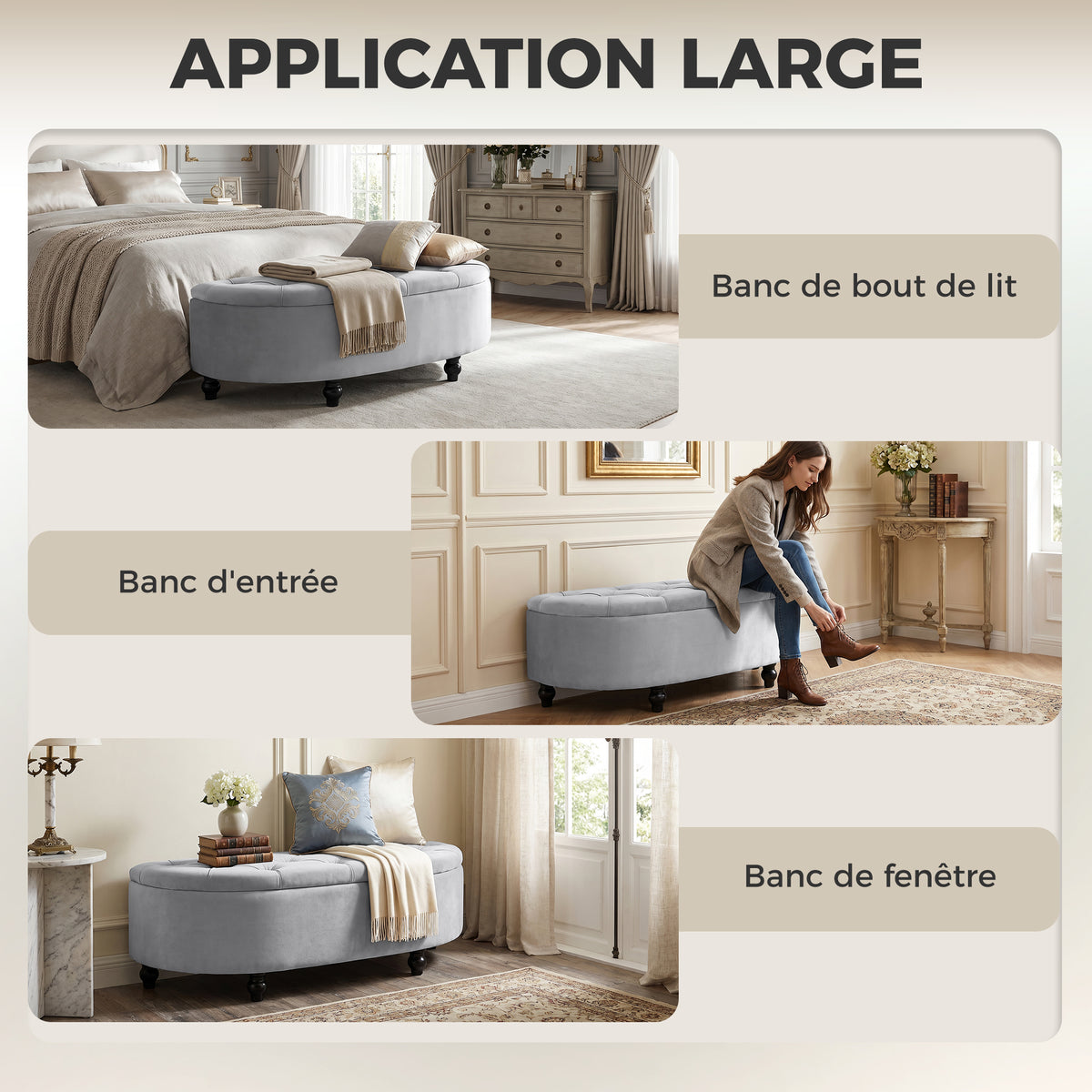 Banc de rangement, velours, pieds en bois d'hévéa, 120 x 46 x 42 cm, gris