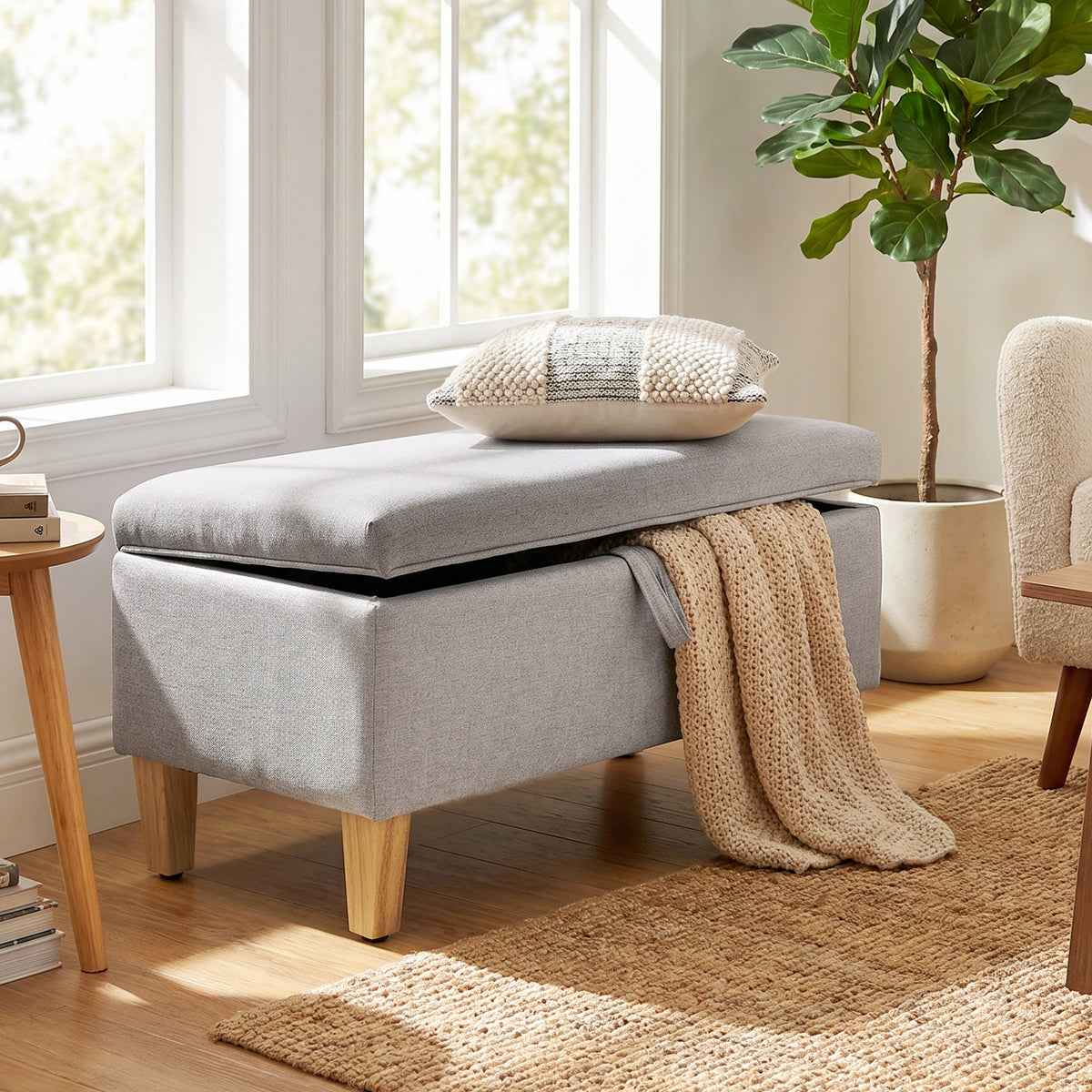 Banc de rangement, en lin avec pieds en bois de caoutchouc, 71x37x36cm, gris clair