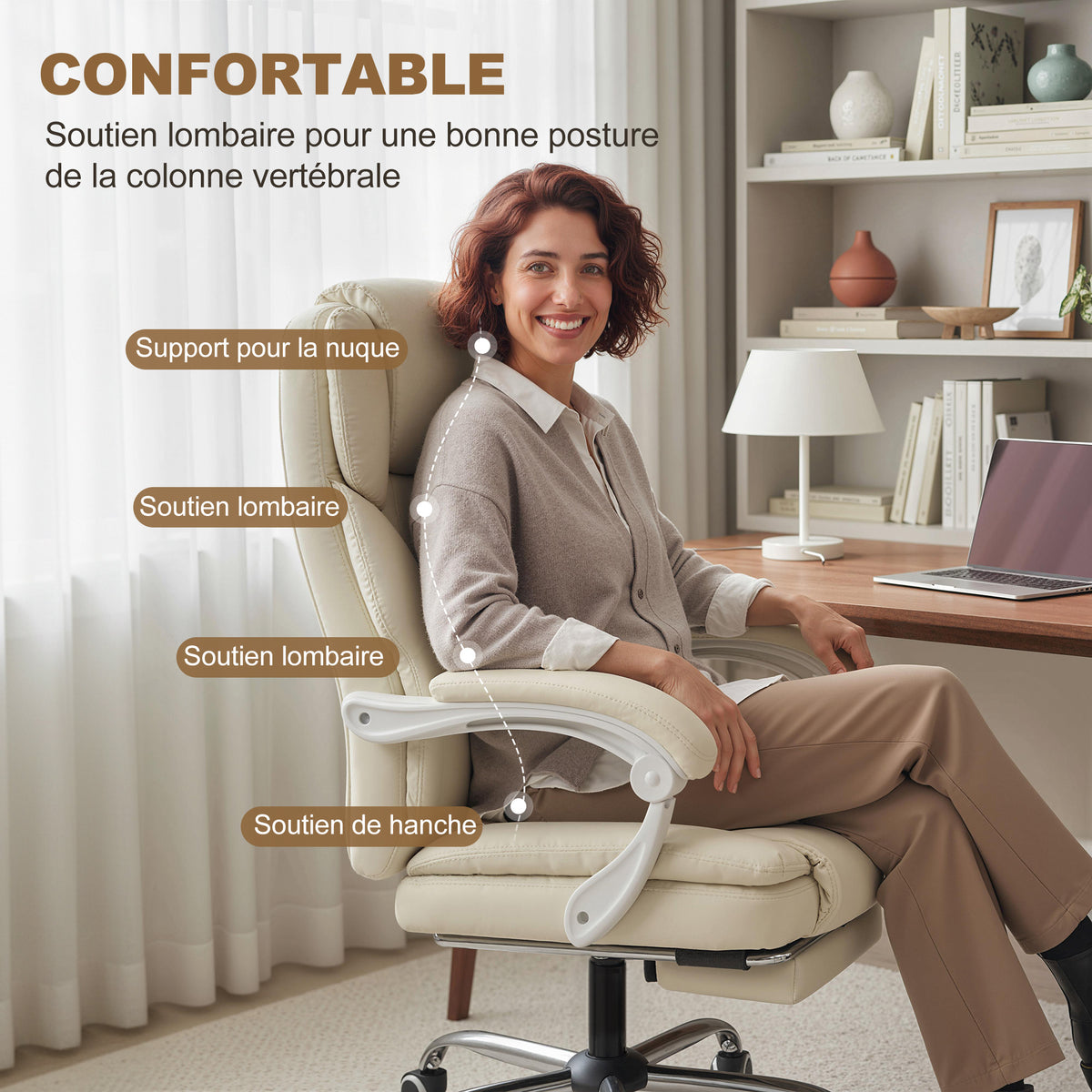 Chaise bureau ergonomique, 64x73x112-120cm, beige
