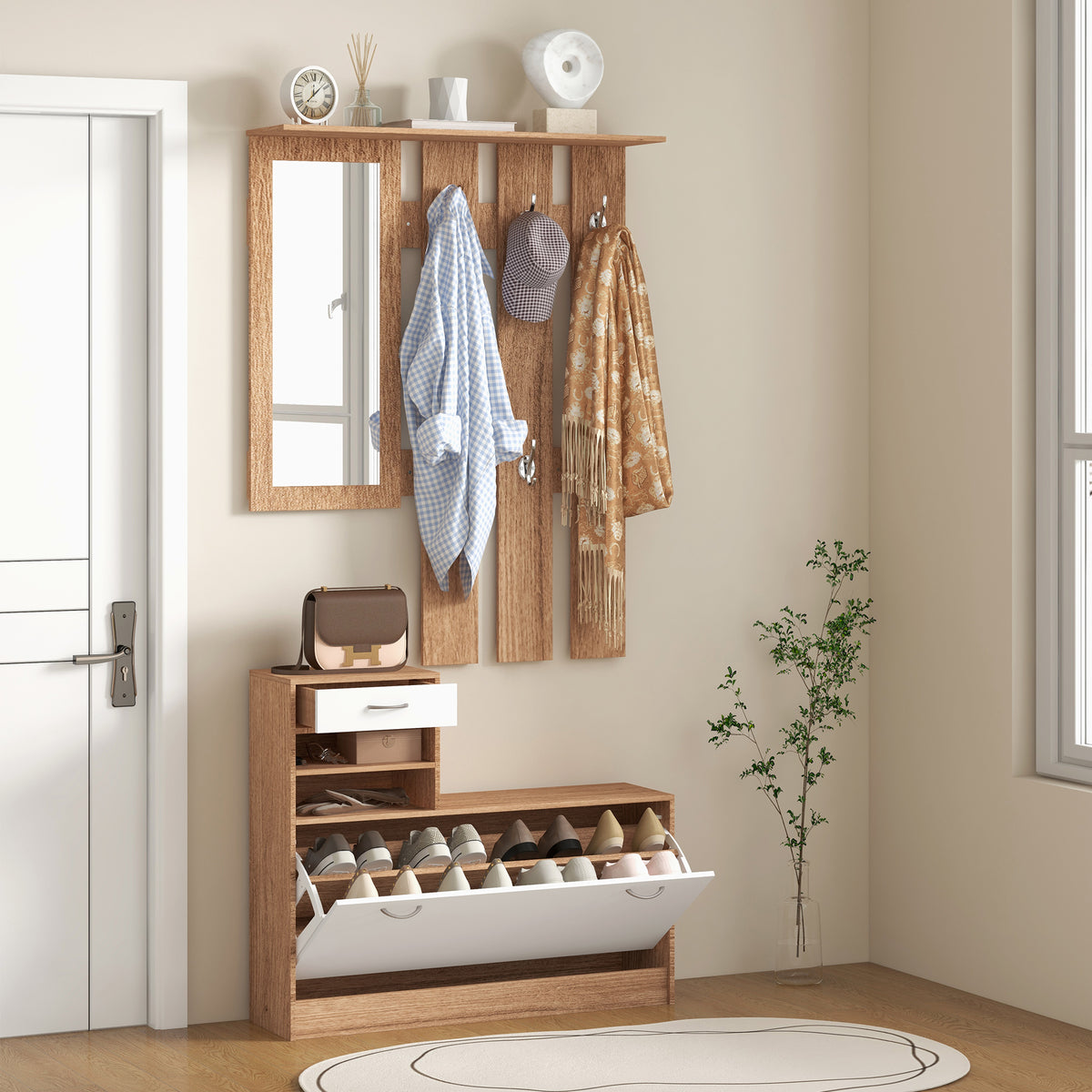 Meuble d'entrée avec  porte-manteau, miroir et banc à chaussures - 6 crochets et étagère réglable