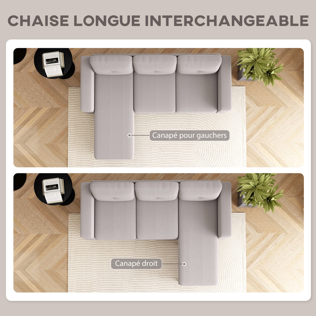 Canapé d'angle réversible en velours, canapé 3 places, 192x137x84cm, gris clair
