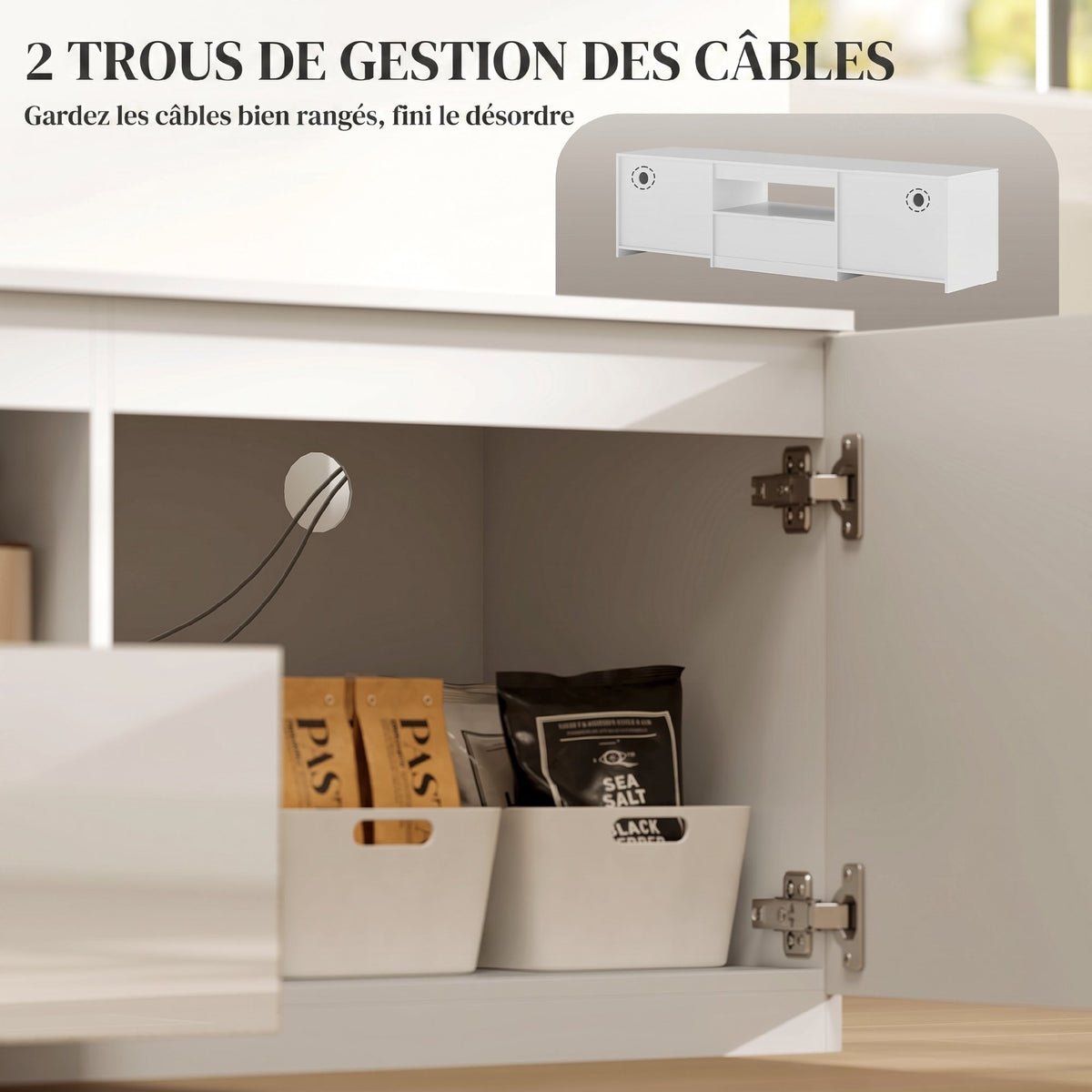 Meuble TV 160 cm, jusqu'à 65 pouces avec 2 portes et tiroir, blanc