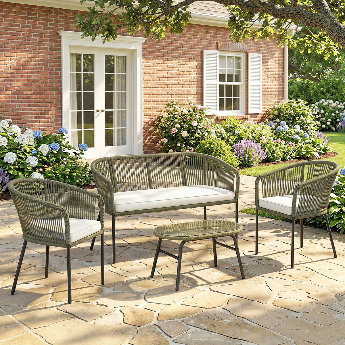 Salon de Jardin Extérieur 4 Places, canapé 2 Places, 2 Fauteuils et Table Basse Verre Trempé Crème