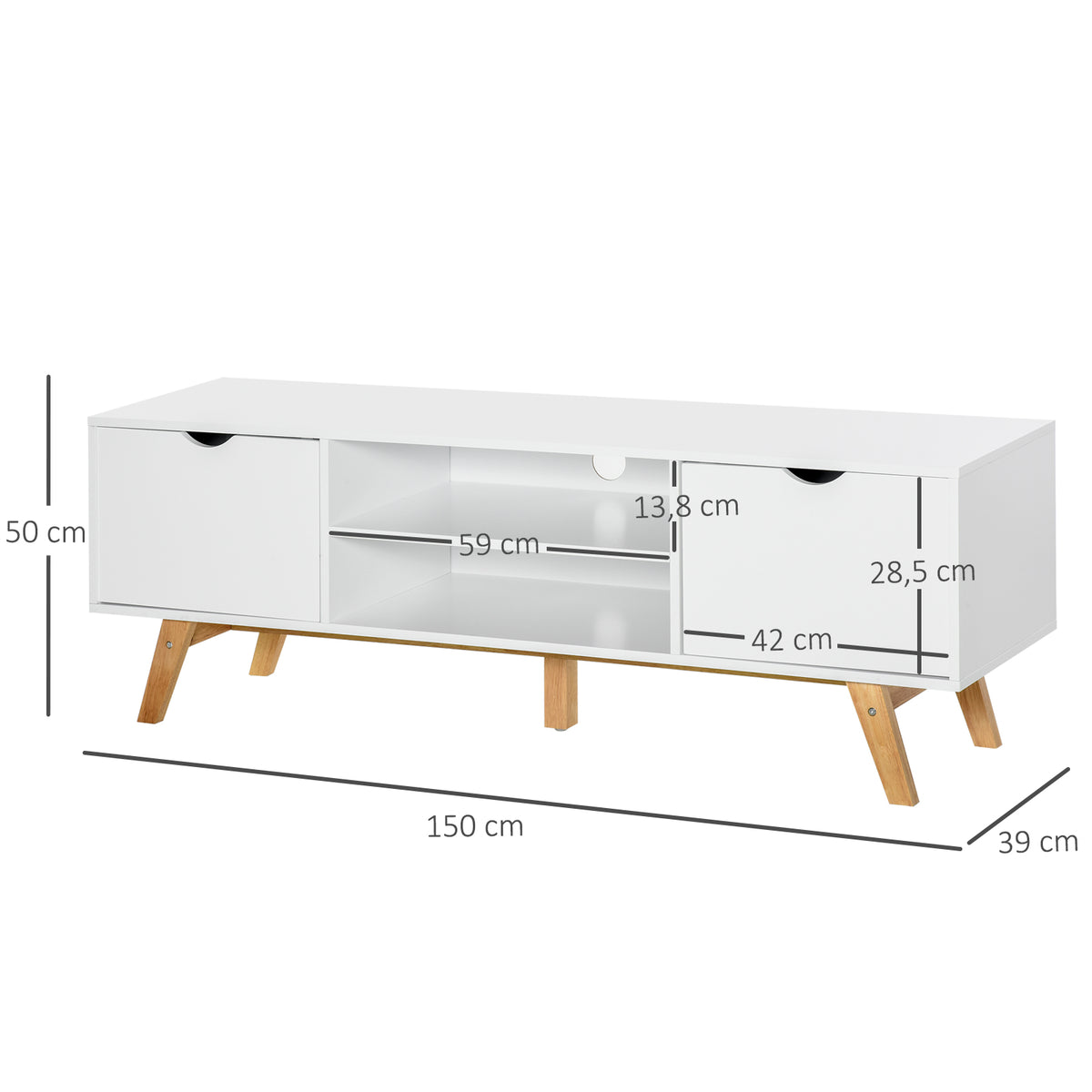 Meuble TV, sur Pied, 2 Portes 2 niches en Bois Blanc 150L x 39l x 50H cm