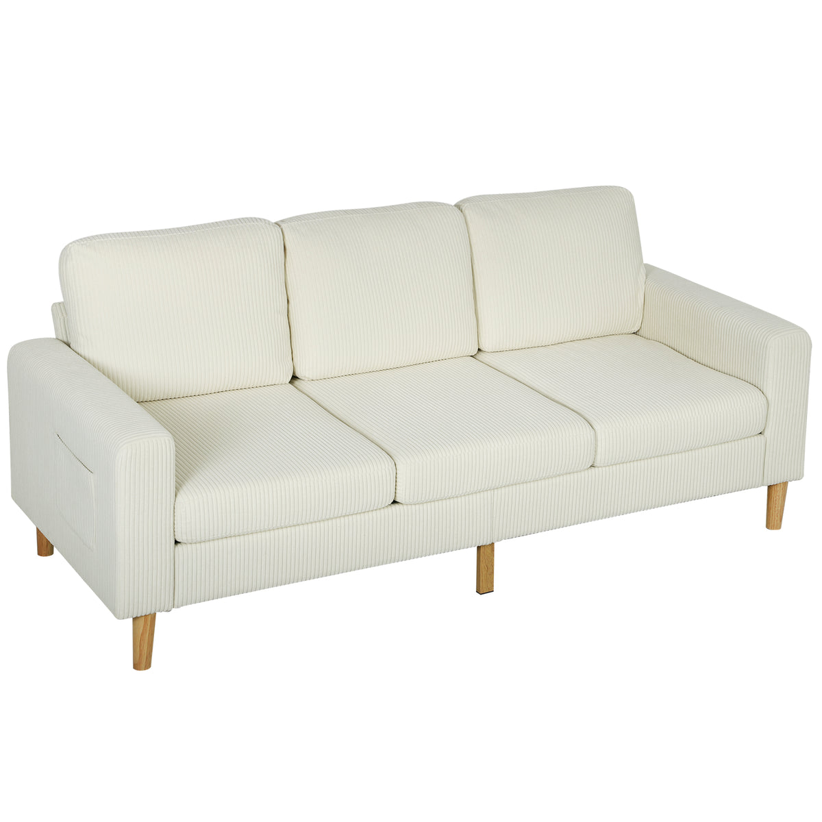 Canapé 3 places en velours, coussins à ressorts, 192x80x84,5cm, beige