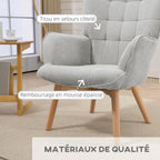 Fauteuil avec repose pied, pieds en bois et tissu aspect velours, gris