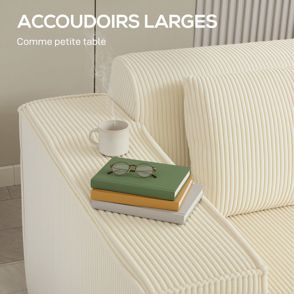 Canapé 3 places en velours, 2 coussins, 202x90x76cm, beige
