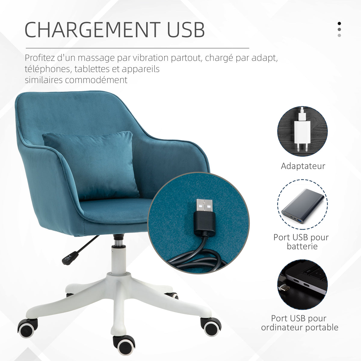 Chaise de bureau velours, massante, pivotante 360° bleu