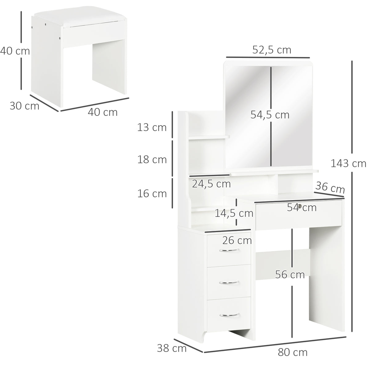 coiffeuse avec tabouret, grand miroir, étagères ouvertes, 4 tiroirs blanc