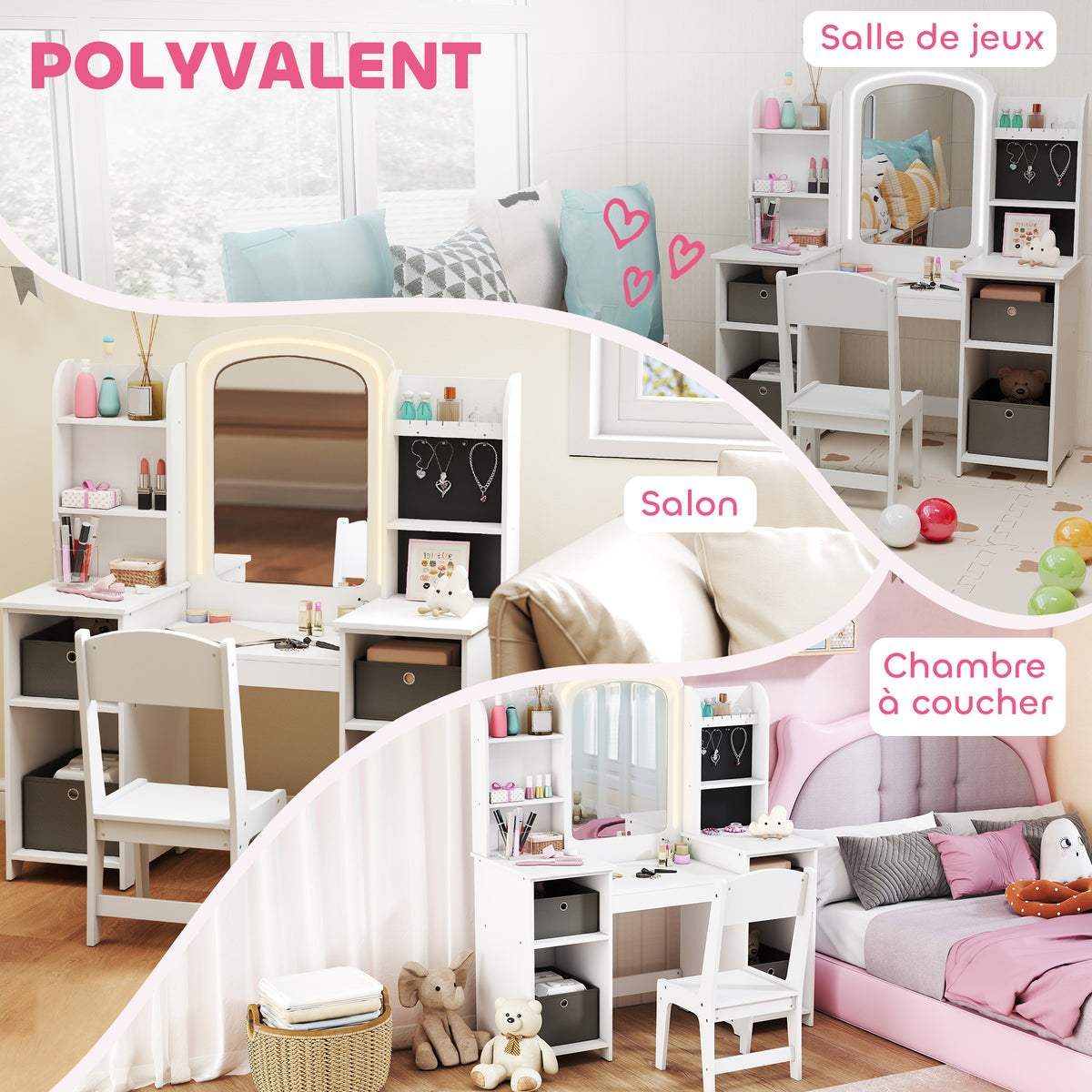 Coiffeuse pour enfants avec tabouret, miroir LED, table de maquillage 104 x 40 x 112 cm, blanc