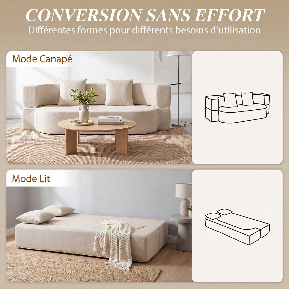 Canapé Convertible 2 Places, Canapé-Lit 190cm, Beige