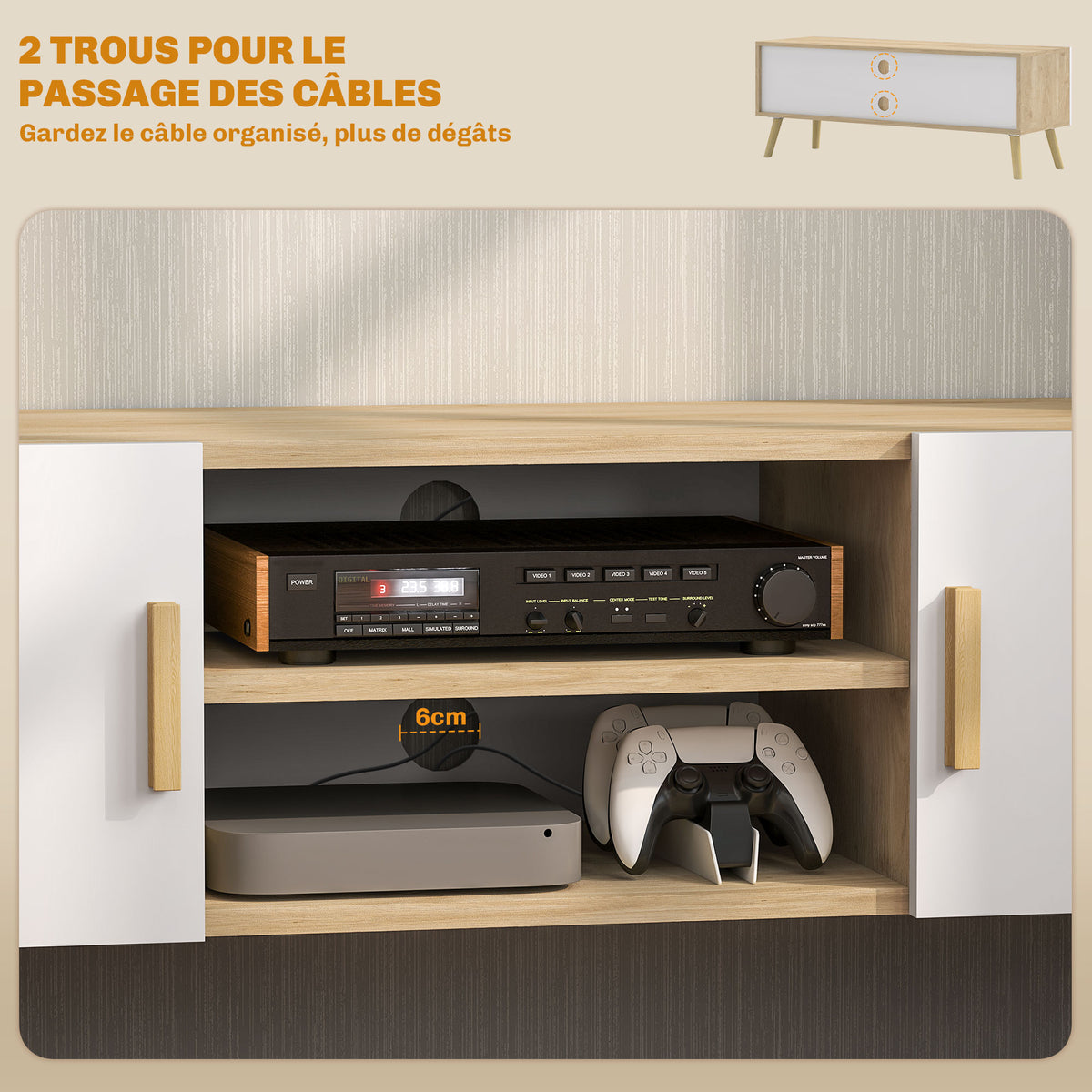 Meuble TV jusqu'à 50 pouces avec étagères, 2 placards et passe-câbles, chêne