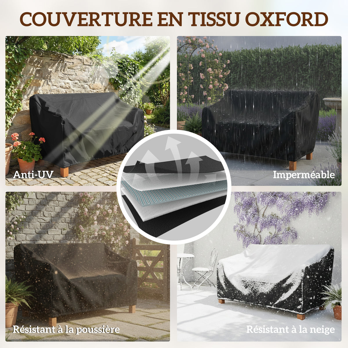Banc de Jardin 2 Places avec Housse Imperméable et Dossier Ergonomique, Bois Marron Clair