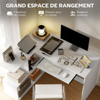 Bureau d'angle bureau en L, plateau à clavier coulissant, 120x100x76cm, blanc