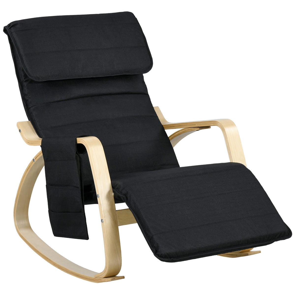 Fauteuil à bascule avec repose-pieds réglable, poche latérale, noir