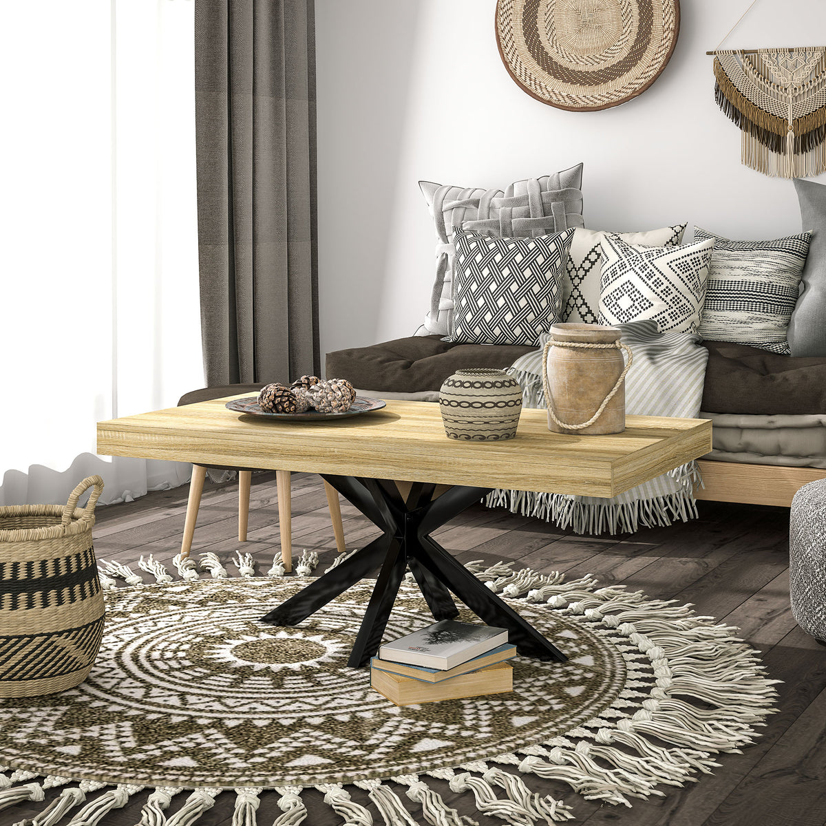 Table Basse rectangulaire en métal Noir et Plateau aspect Bois - dim. 110 x 60 x 45cm