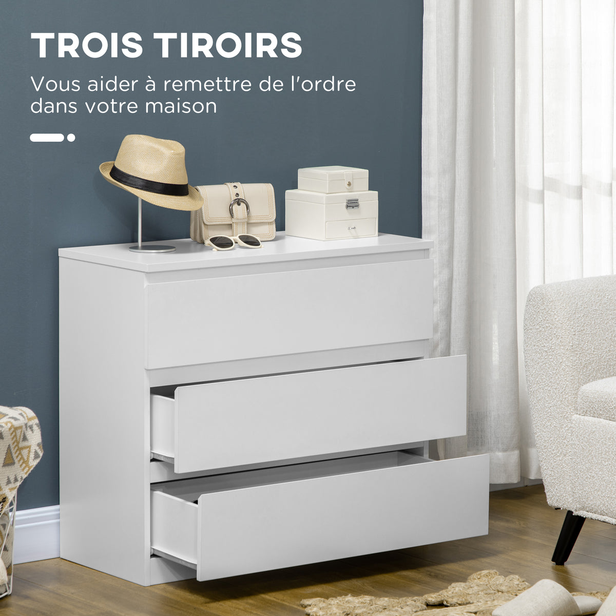 Commode 3 tiroirs, épuré, 80l x 39P x 73H cm