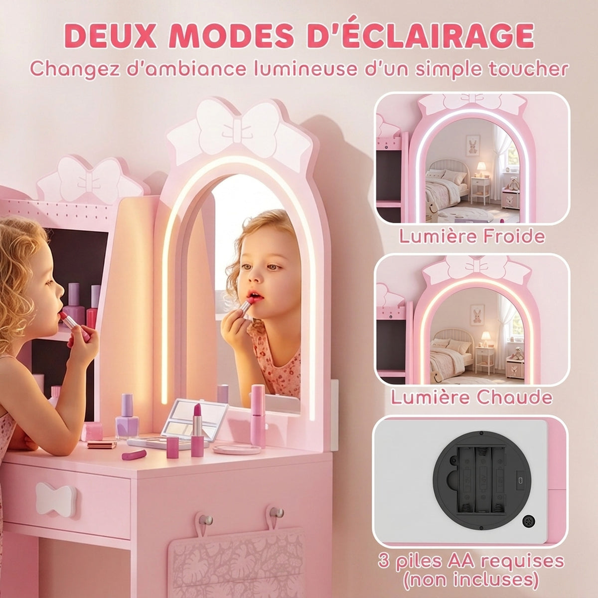 Coiffeuse pour Enfants avec Tabouret et Miroir Lumineux, Rose