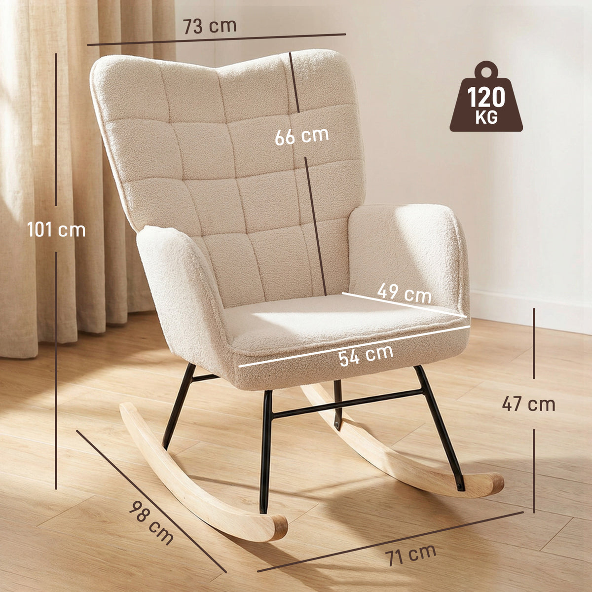 Fauteuil à bascule, effet laine, structure en acier 71 x 98 x 101 cm beige