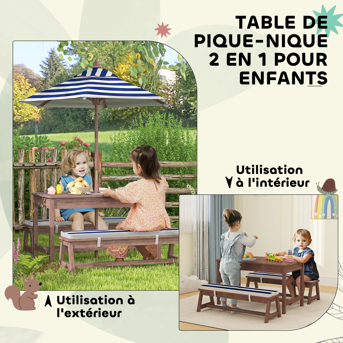 Ensemble salon de jardin enfant avec coussins et parasol amovible, rayé bleu marine et blanc