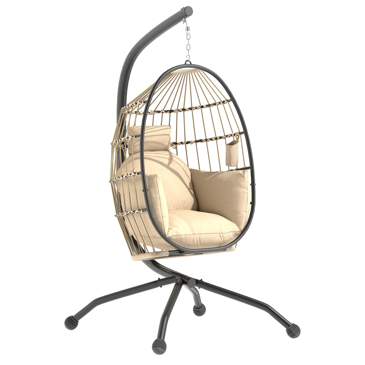 Fauteuil oeuf suspendu, coussin rembourré, cadre en acier, beige