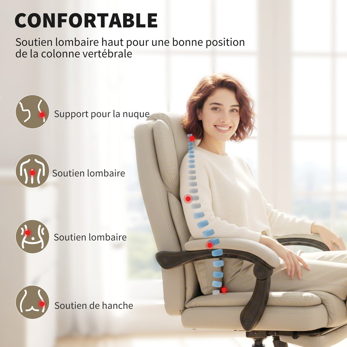 Chaise Bureau Ergonomique, 65x67x111-119cm, Beige