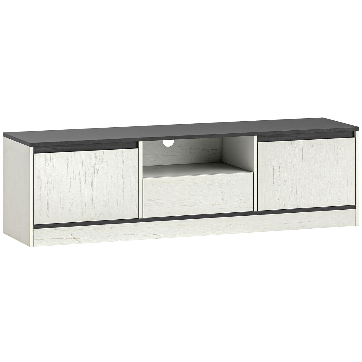 Meuble TV jusqu'à 60 pouces avec 2 Armoires, 1 Étagère Ouverte, 1 Tiroir, 140x35x40cm, Noir et Blanc