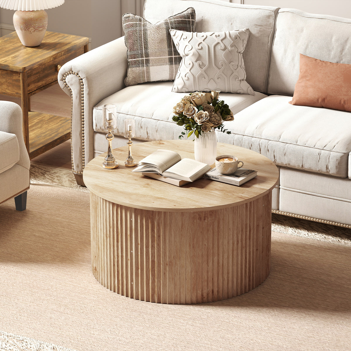 Table basse relevable, compartiment caché et plateau à fermeture douce, bois naturel