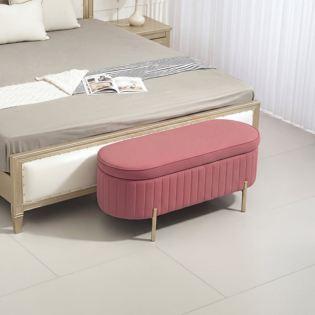 Banc de rangement, bout de lit en velours, pieds en métal,72 L, 108x44x43,5cm, rose
