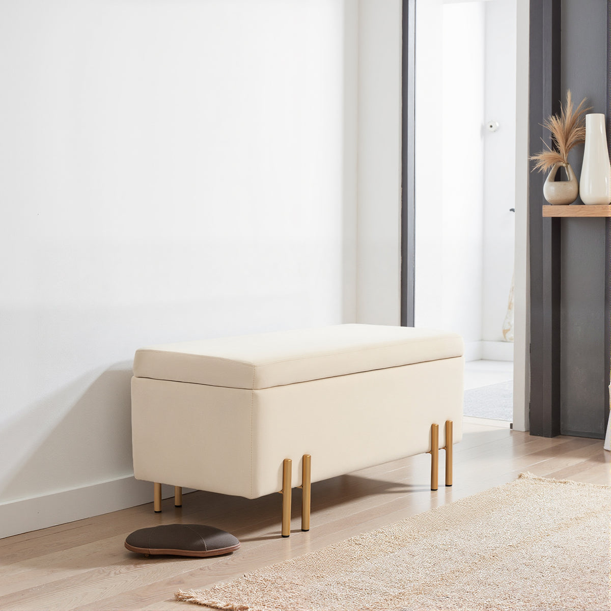 Banc de rangement, espace de rangement velours beige, pieds métal doré