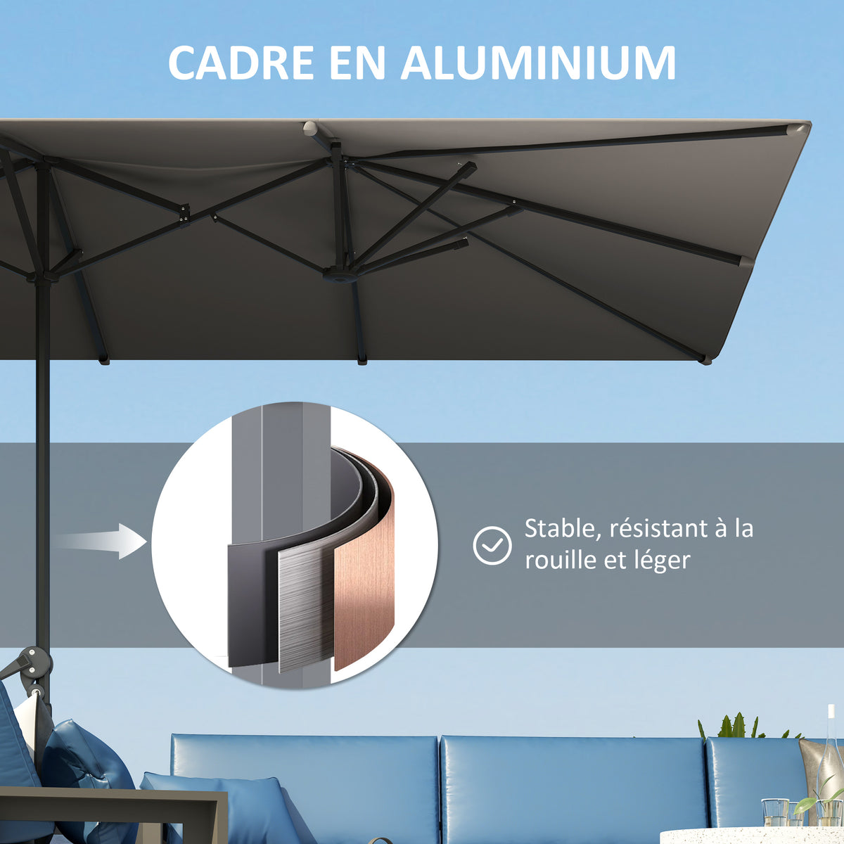 Parasol de jardin, rectangulaire 451 x 264 cm avec manivelle toile polyester 200g/m² gris foncé