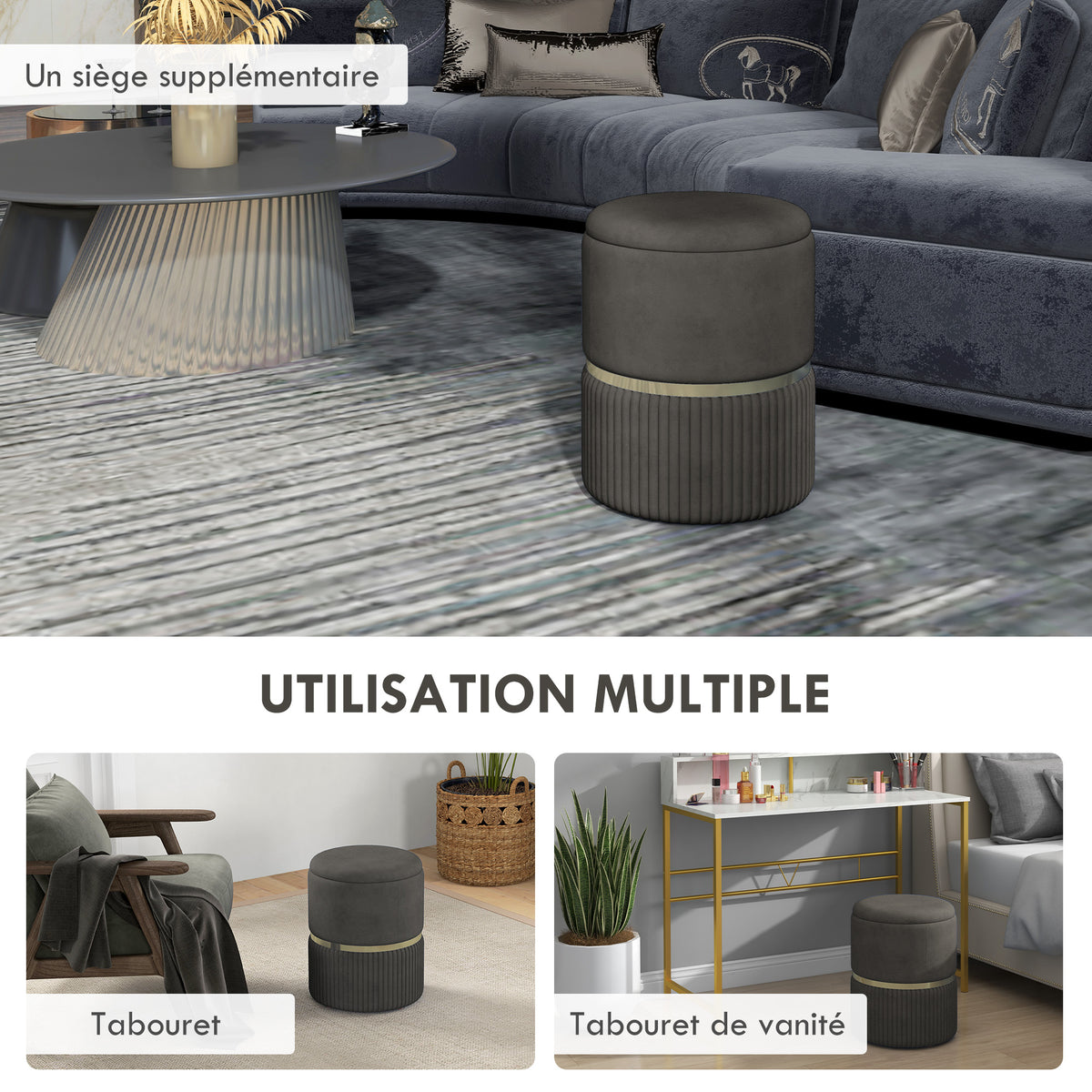 Pouf tabouret repose-pied coffre de rangement en velours 36 x 36 x 44 cm gris