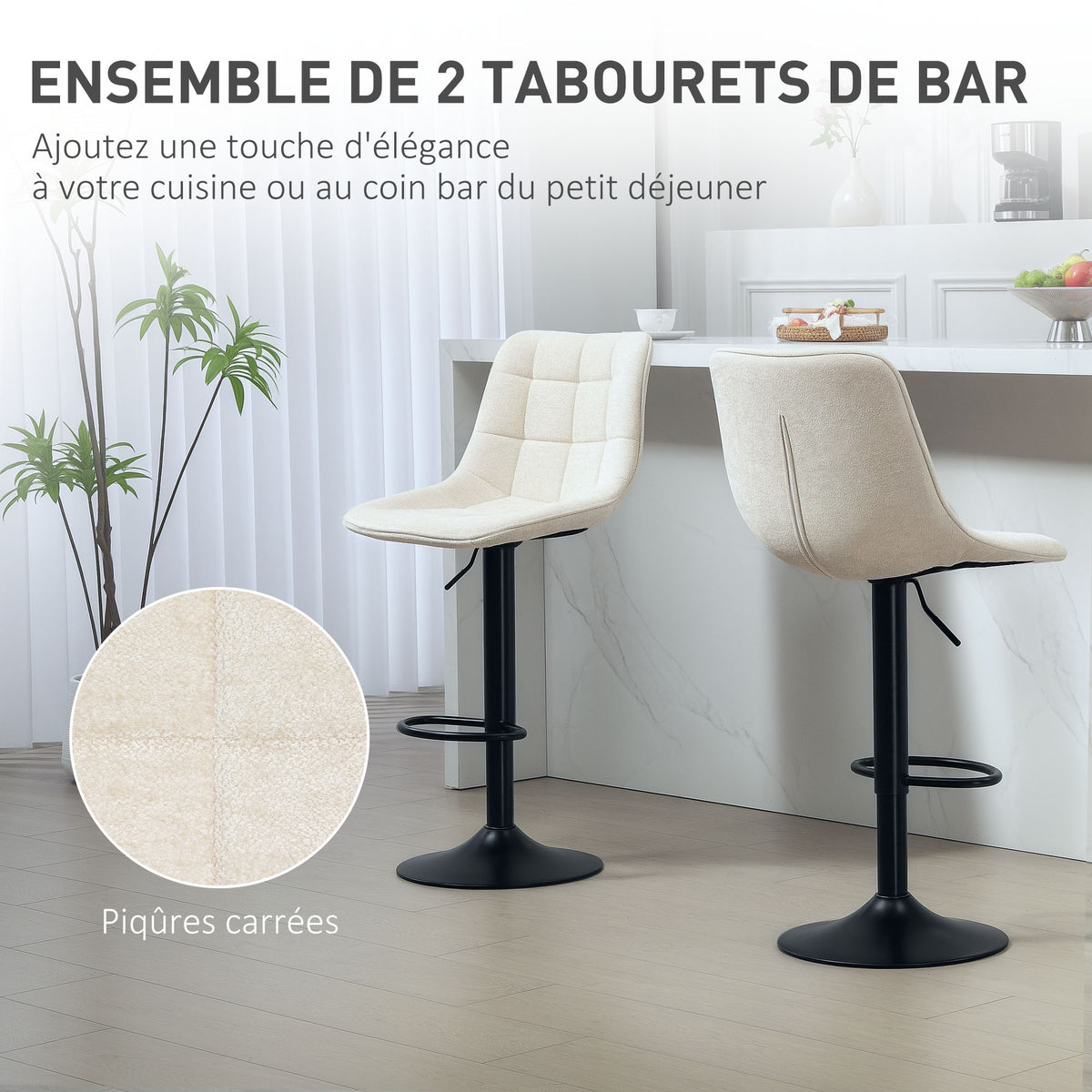 Lot de 2 tabourets de bar, dossier pivotant 360° 47x48x117,5cm beige