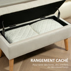 Banc de rangement effet velours, pieds en bois charge max. 120 kg 80 x 35 x 42 cm, crème