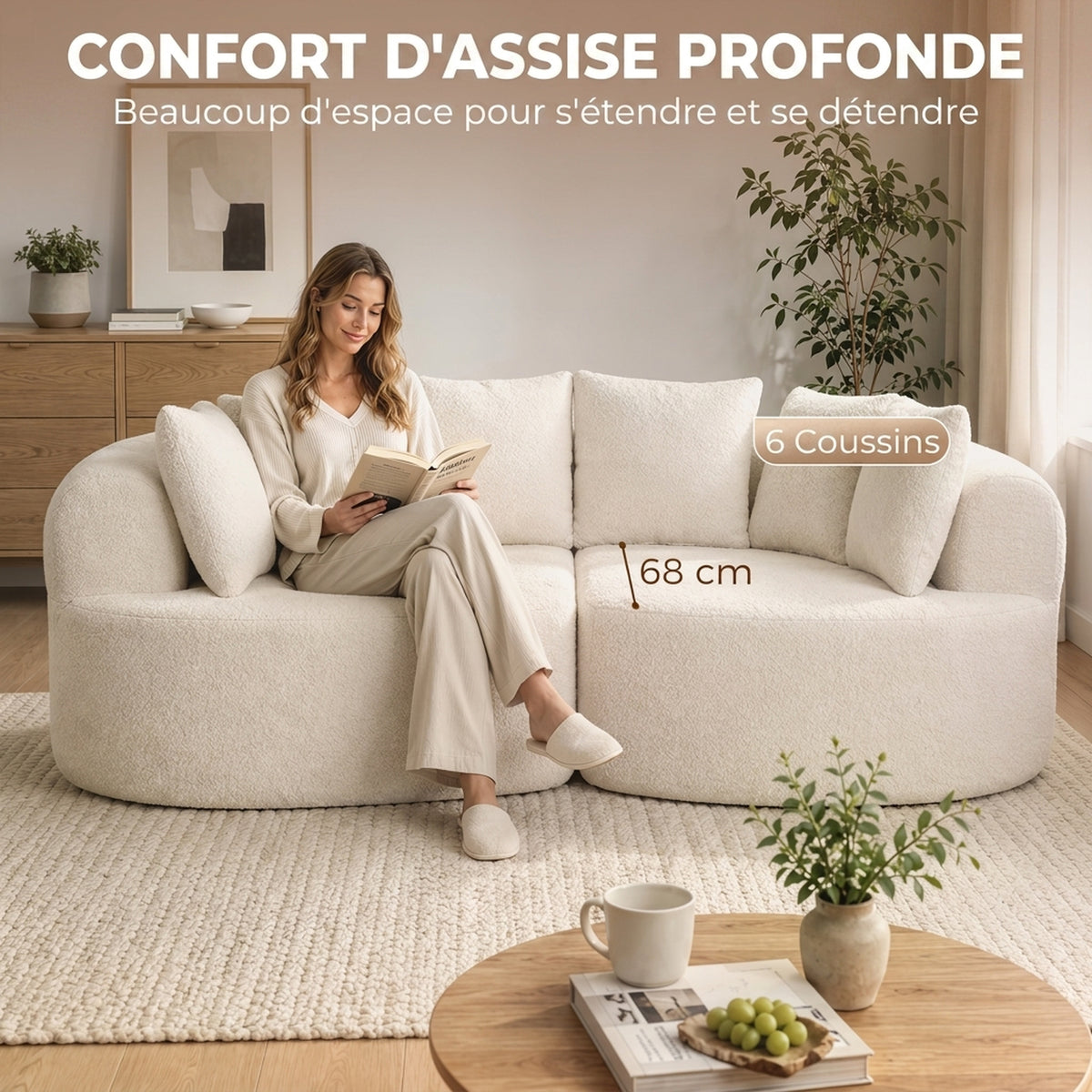 Canapé 3 Places Incurvé 188 cm, 6 Coussins, Rembourrage Épais, Crème