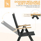Salon de jardin 6 personnes, cadre en aluminium, table 190 cm, 6 chaises pliables et inclinables, noir