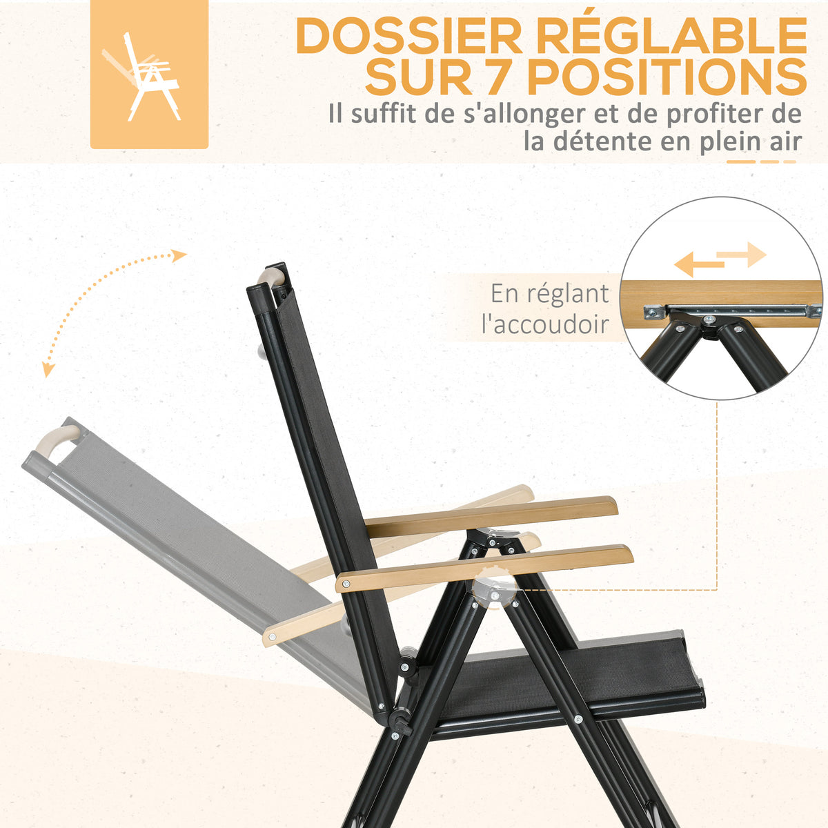 Salon de jardin 6 personnes, cadre en aluminium, table 190 cm, 6 chaises pliables et inclinables, noir