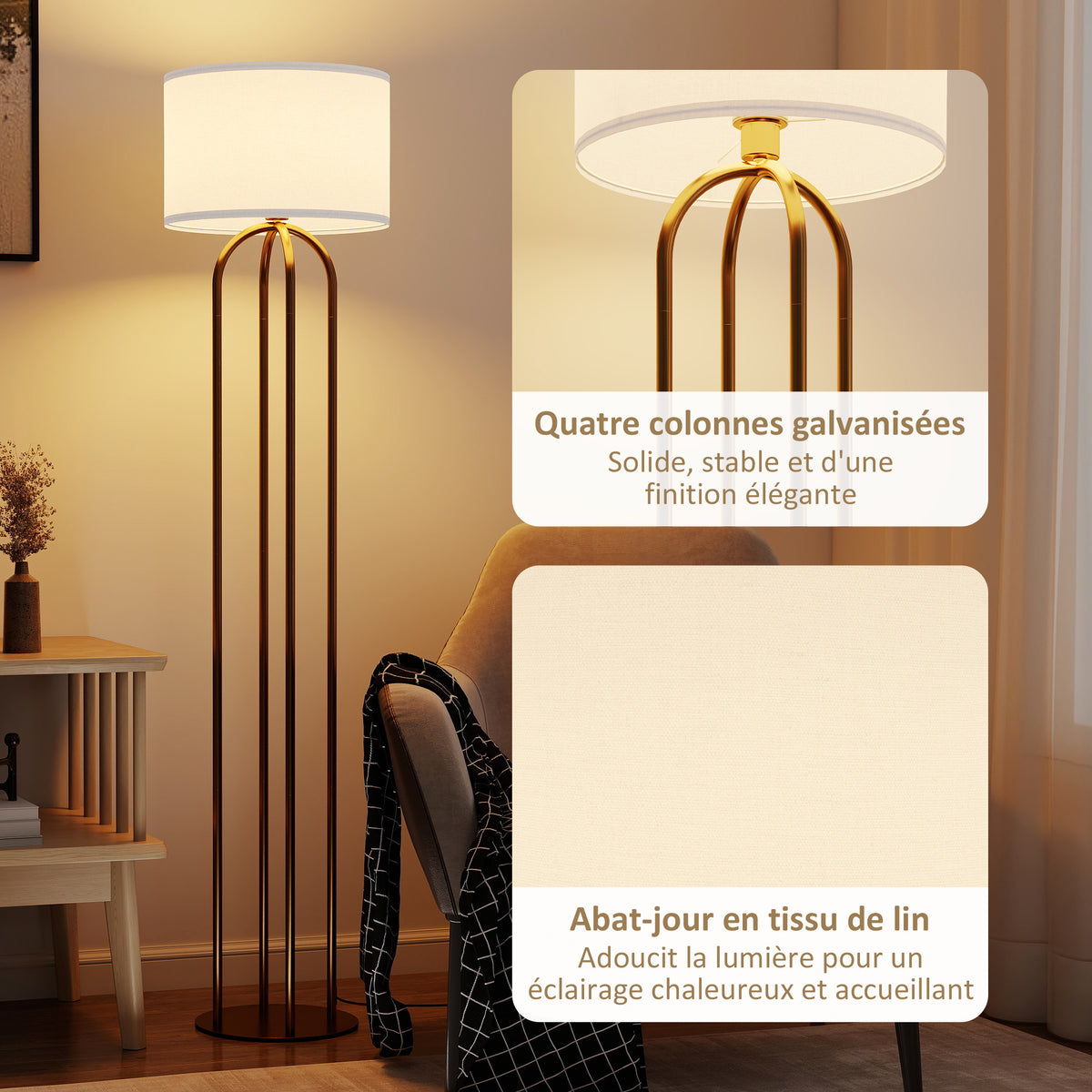 Lampadaire / lampe sur pied avec abat-jour en lin et interrupteur à pied, Ø 38 x 161 cm, doré et beige