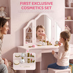 Coiffeuse pour Enfants avec Tabouret, Miroir à Trois Volets en Acrylique, 2 Tiroirs et 2 Placards, Rose