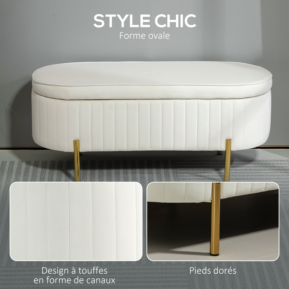 Banc de rangement, bout de lit en velours, pieds en métal, 72 L, 108x44x43,5cm, crème