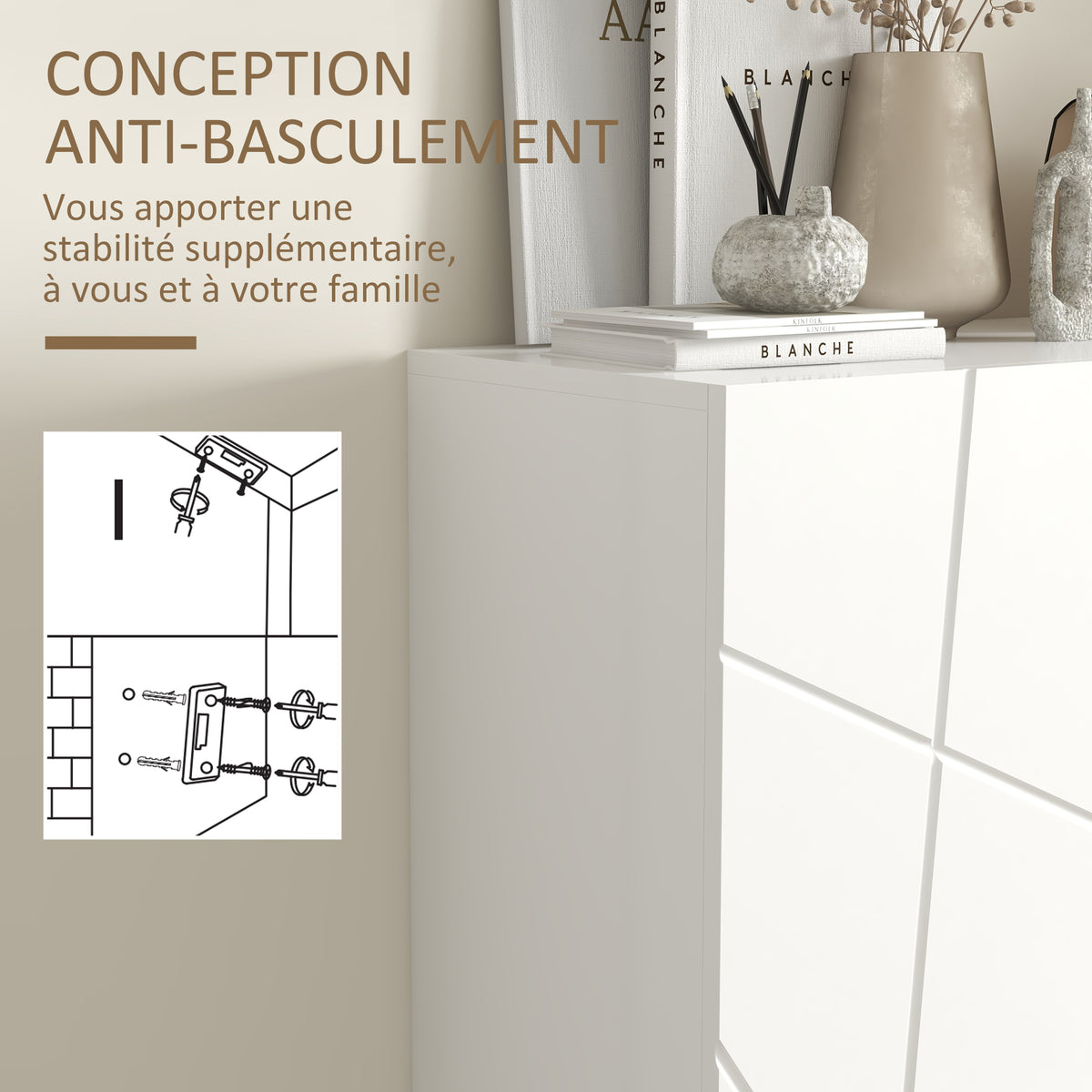 Meuble à chaussures 2 portes, étagères réglables, 72 x 31,5 x 95 cm blanc laqué